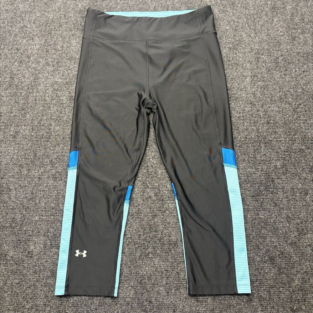 Under Armour HeatGear Compression Capri Leggings Womens Medium Black Blue Stripe